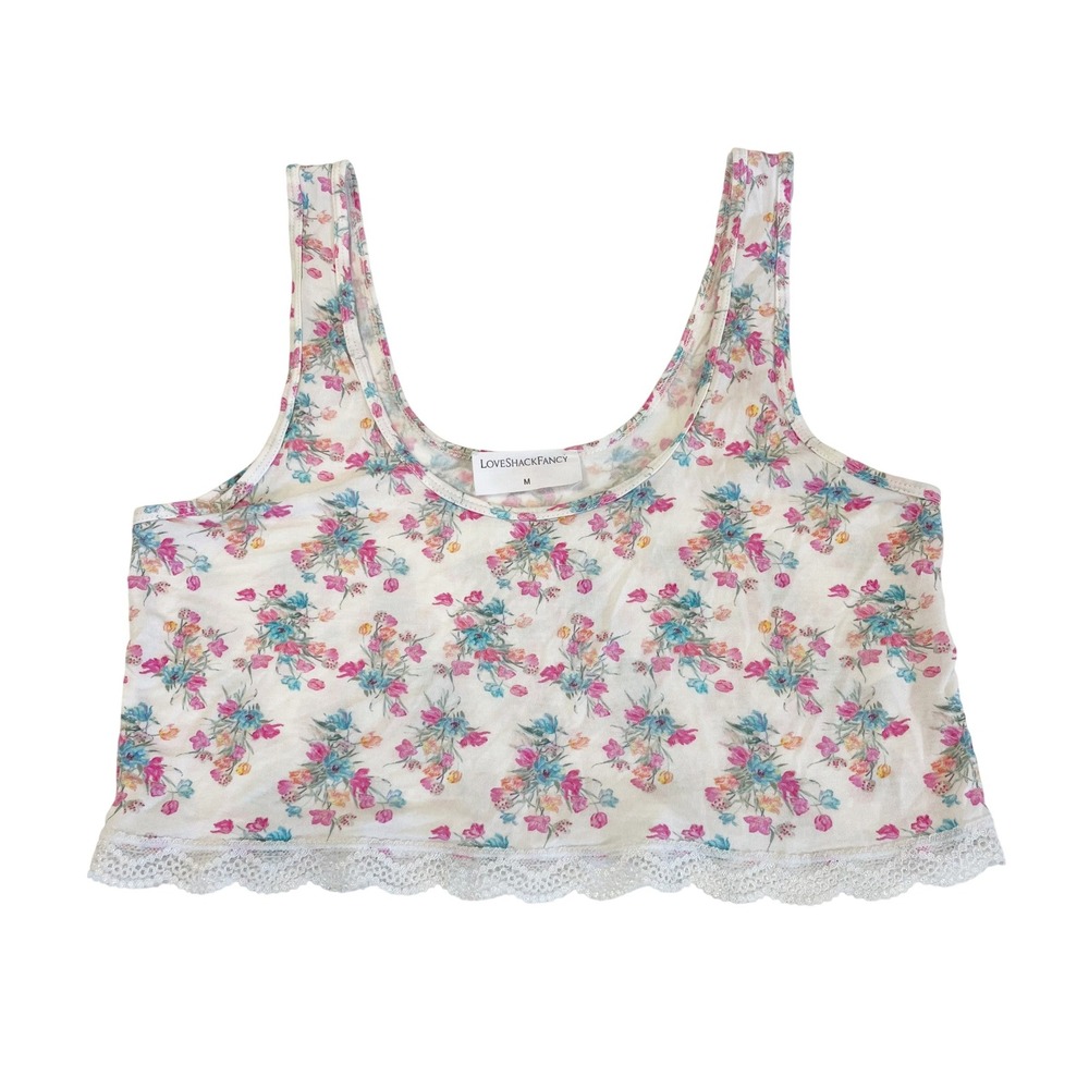 LoveShackFancy Floral Crop Tank Top Lace Trim White Coquette - Size Medium